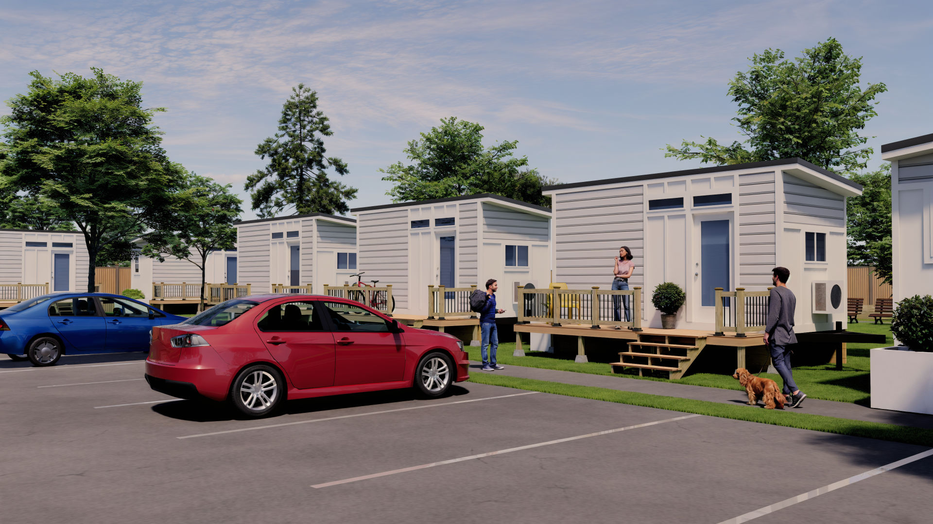 A 3D rendering of a tiny home community.